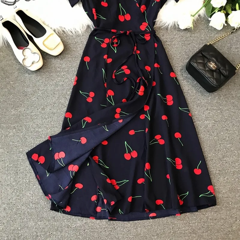 2019 модное летнее платье с вишневым принтом и глубоким v образным вырезом vestidos