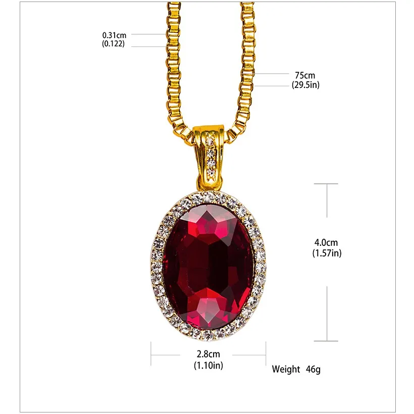 Мужские нагрудные украшения Bling Crystal Iced Out красный драгоценный камень CZ кулон цепь золотые овальные Стразы Подвески ожерелье ювелирные изделия подарок для женщин