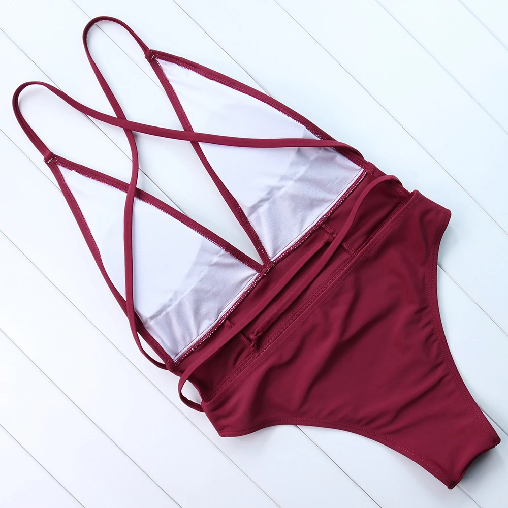 sexy one pieces swimsuit women push up swimwear halter bandage bathing suit female deep V bodysuit solid padded swimming | Спорт и