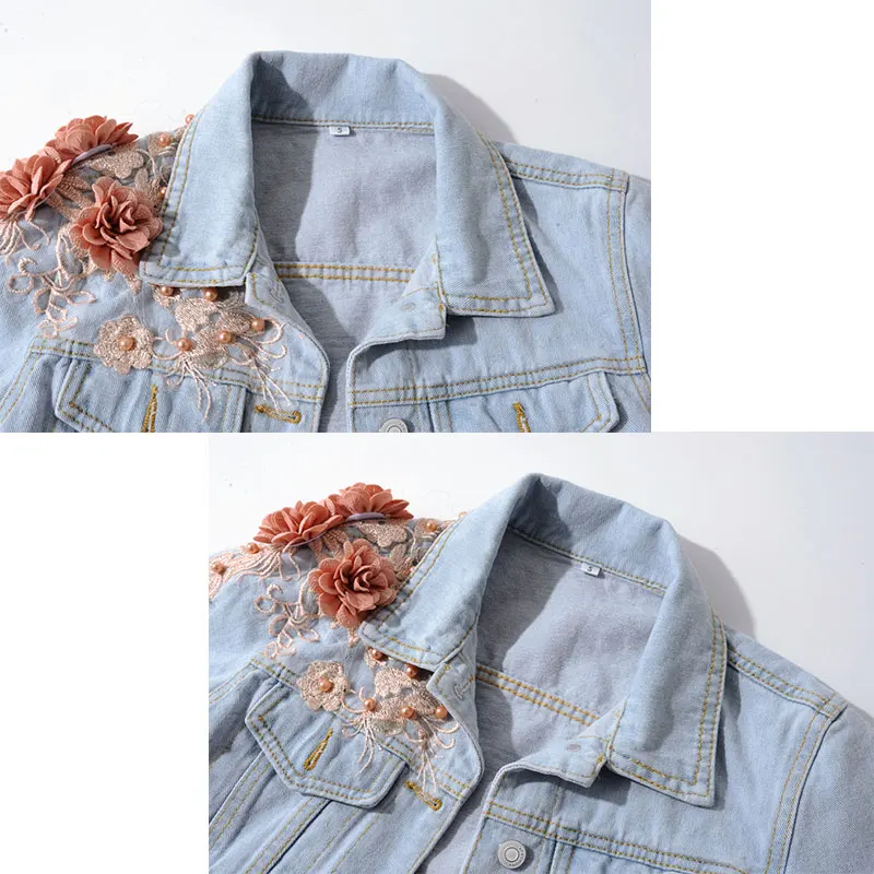 Короткая джинсовая куртка с трехмерной цветочной вышивкой и жемчужинами 2019