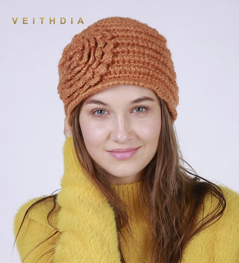 VEITHDIA 2019 ручная работа Осень зима вязаная шапка с цветком женские шапки Теплые