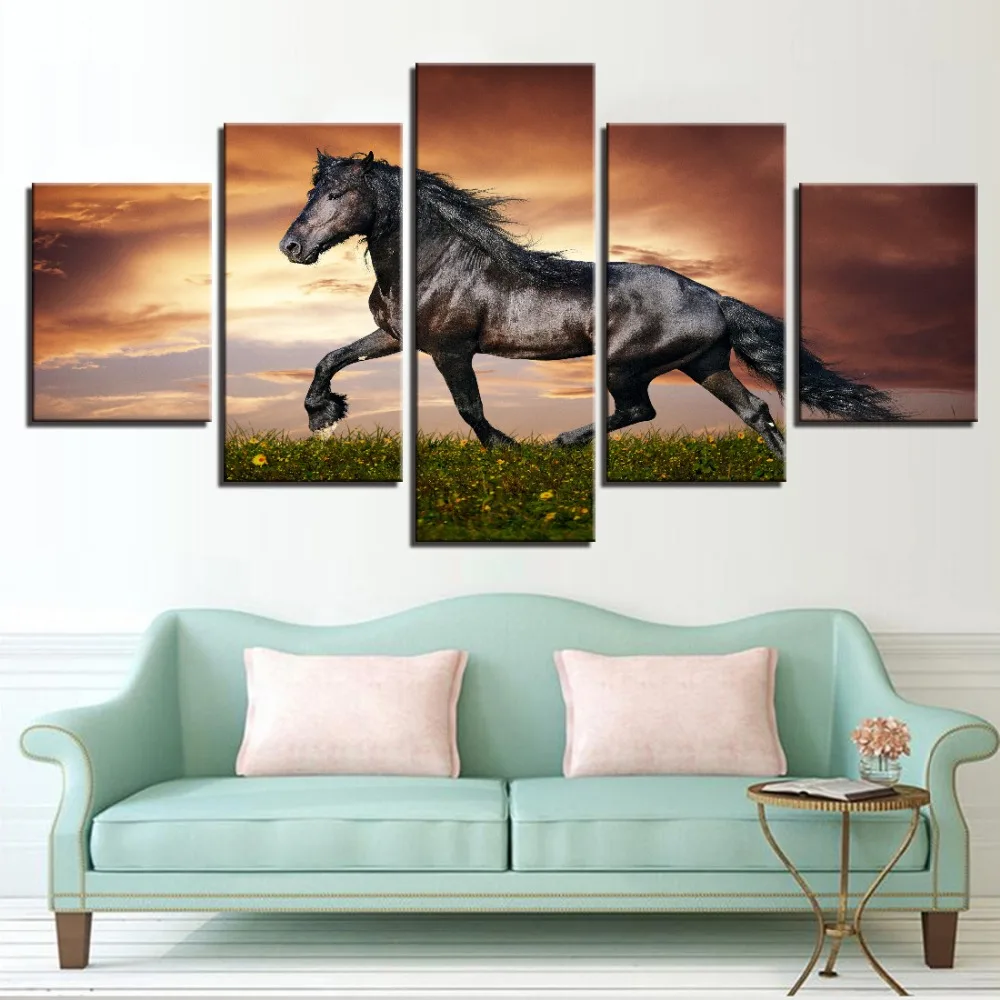 5 панелей бегущая Черная лошадь на закате HD печатная живопись Современная
