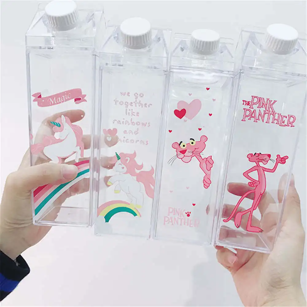 Ins Cute Pink Leopard Water Bottles Creative Milk-box Shape Bottle Transparent Portable Cartoon Unicorn Plastic Milk | Дом и сад