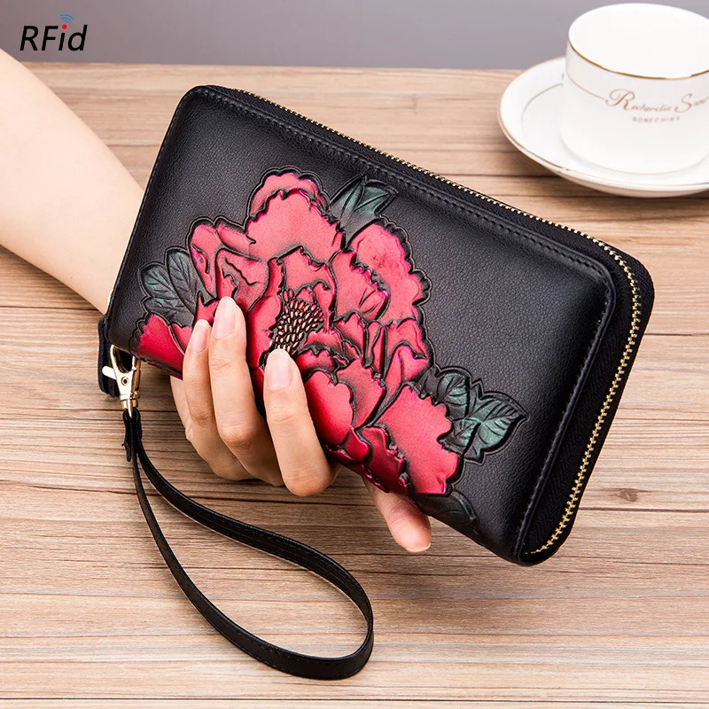 WESTCREEK брендовые RFID женские длинные кошельки с ручной росписью пиона женский