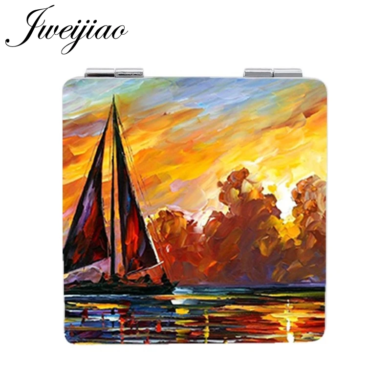 

JWEIJIAO Color picture Art Sailboat Portable mirror Cloud Square leather Beauty Health Mirrors PT59