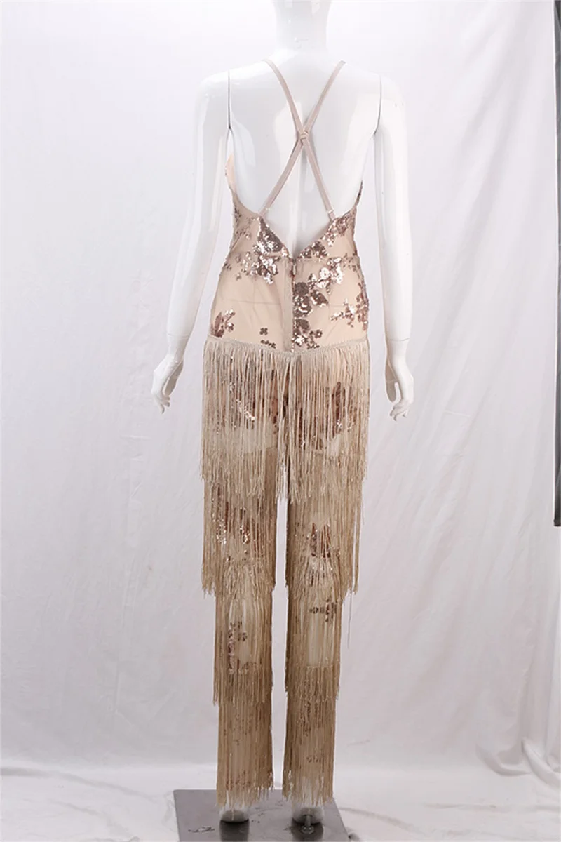

Leger Babe New Sexy Spaghetti Strap Backless Jumpsuit Perspective Tassel Sequins Elegant Lady Jumpsuits For Women 2018 Summer HL