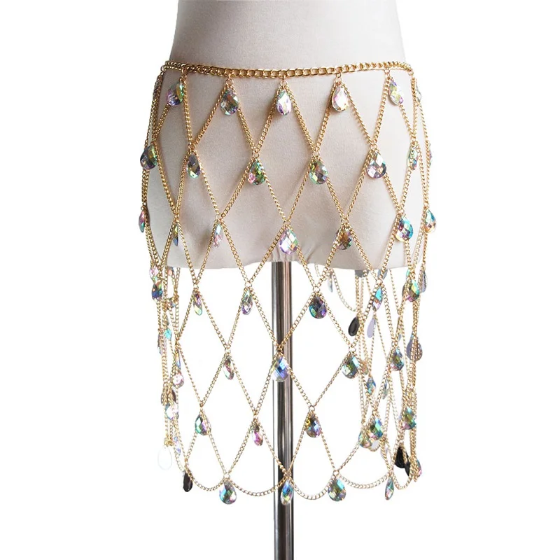 Sexy Bling Metal Body Rhinestone skirt Women befree Summer Beach Hollow Colorful gem Queen crystal Nightclub Party skirts | Украшения и