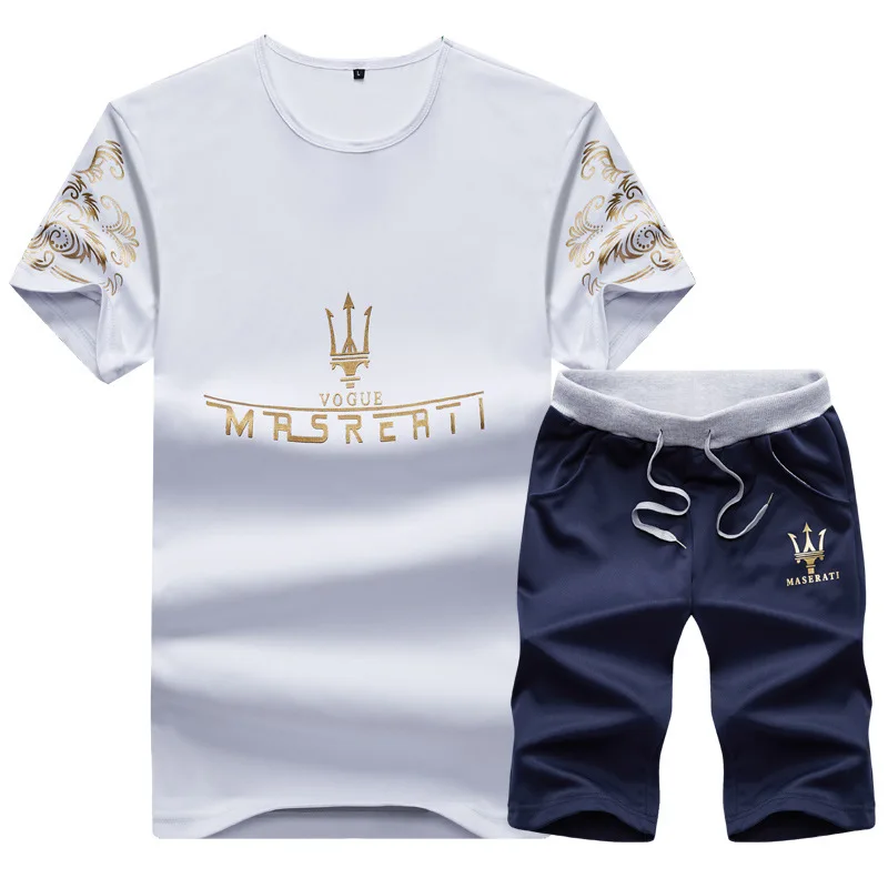 Men's Summer Men's Running Set MRSRERTI Print Short Sleeve Sports Suit Fitness Jogging Set Sport Suit Men Male Sport Wear - Цвет: White 2