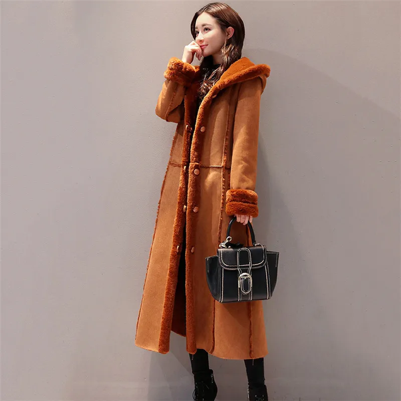 caramel Colour Женское пальто из овечьей шерсти, зима, новая теплая плотная длинная куртка, модная Темпераментная Женская шерстяная верхняя одежда, куртка с капюшоном DD0830 - Цвет: caramel Colour