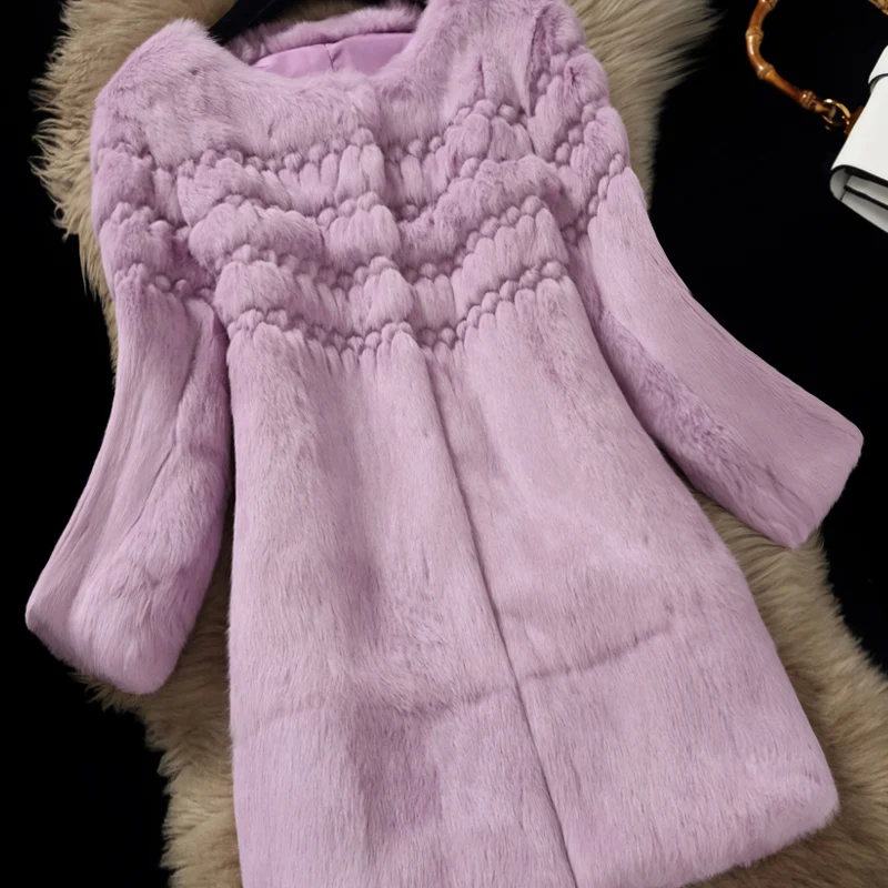 Женские куртки из натурального кроличьего меха с круглым вырезом и рукавом 3/4