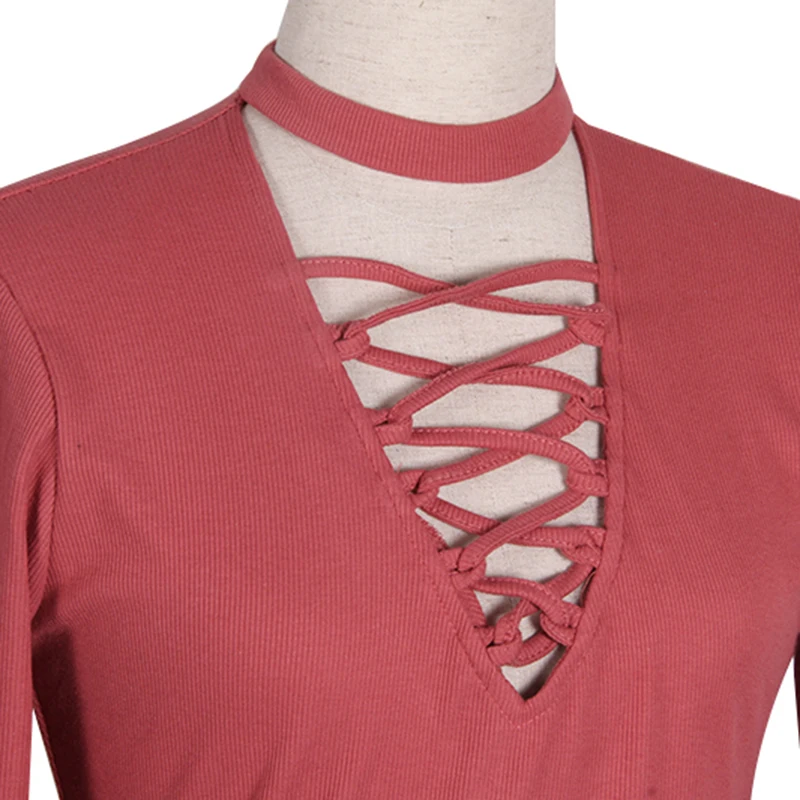 Сексуальная V шеи Criss Cross Bodycon платье женщины осень с длинным рукавом ночной клуб