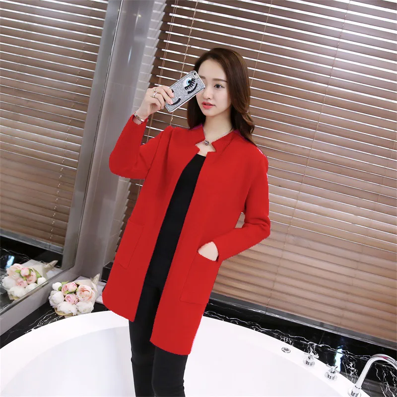 New Arrival Cardigan Women Sweater Autumn Female Coat Korean Button Long Round Collar Loose Pocket Knit Gilet Femme |