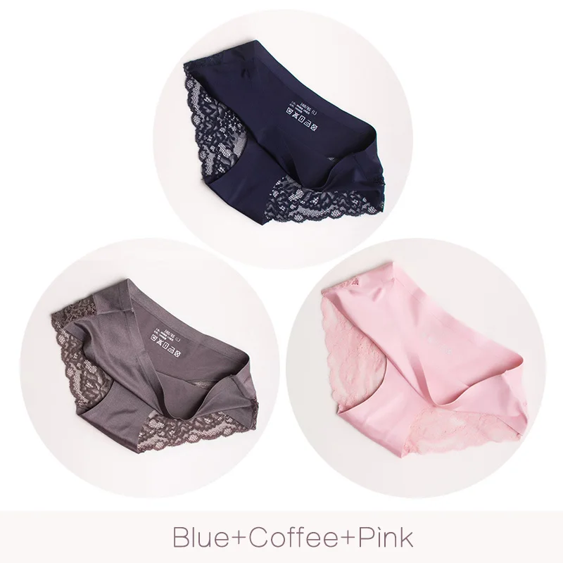 Blue Coffee Pink Сексуальные кружевные трусики, бесшовное женское нижнее белье, трусы, нейлон, шелк, для женщин, бикини, хлопок, Прозрачное нижнее белье, Hibubble, комплект из 3 предметов - Цвет: Blue Coffee Pink