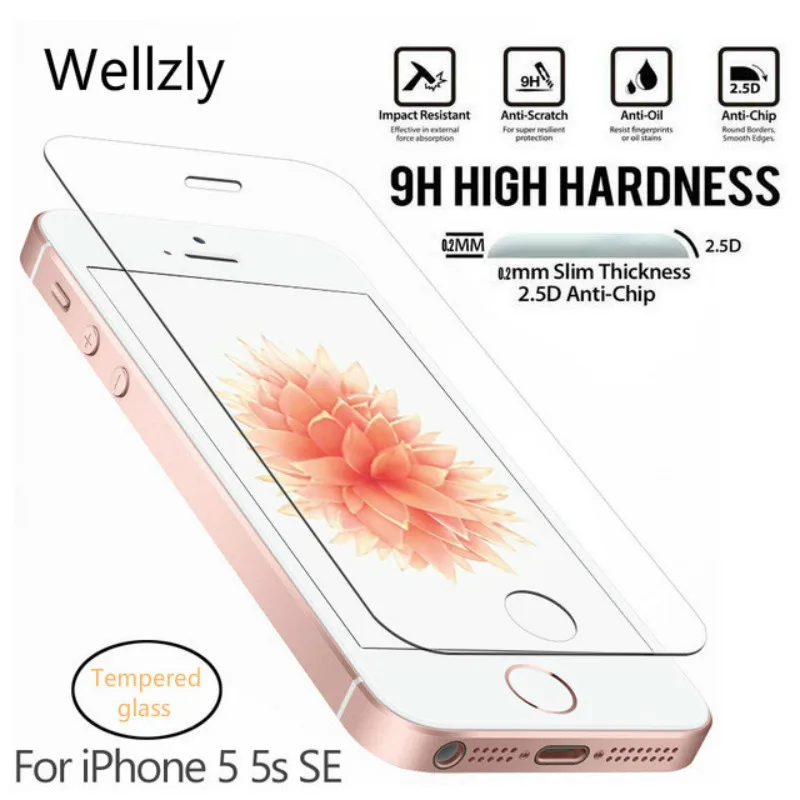 

Wellzly 0.26mm 2.5D Protective Glass For iPhone 5S Tempered glass for iPhone 5 SE Screen Protector On Tempered Glass Film 9H HD