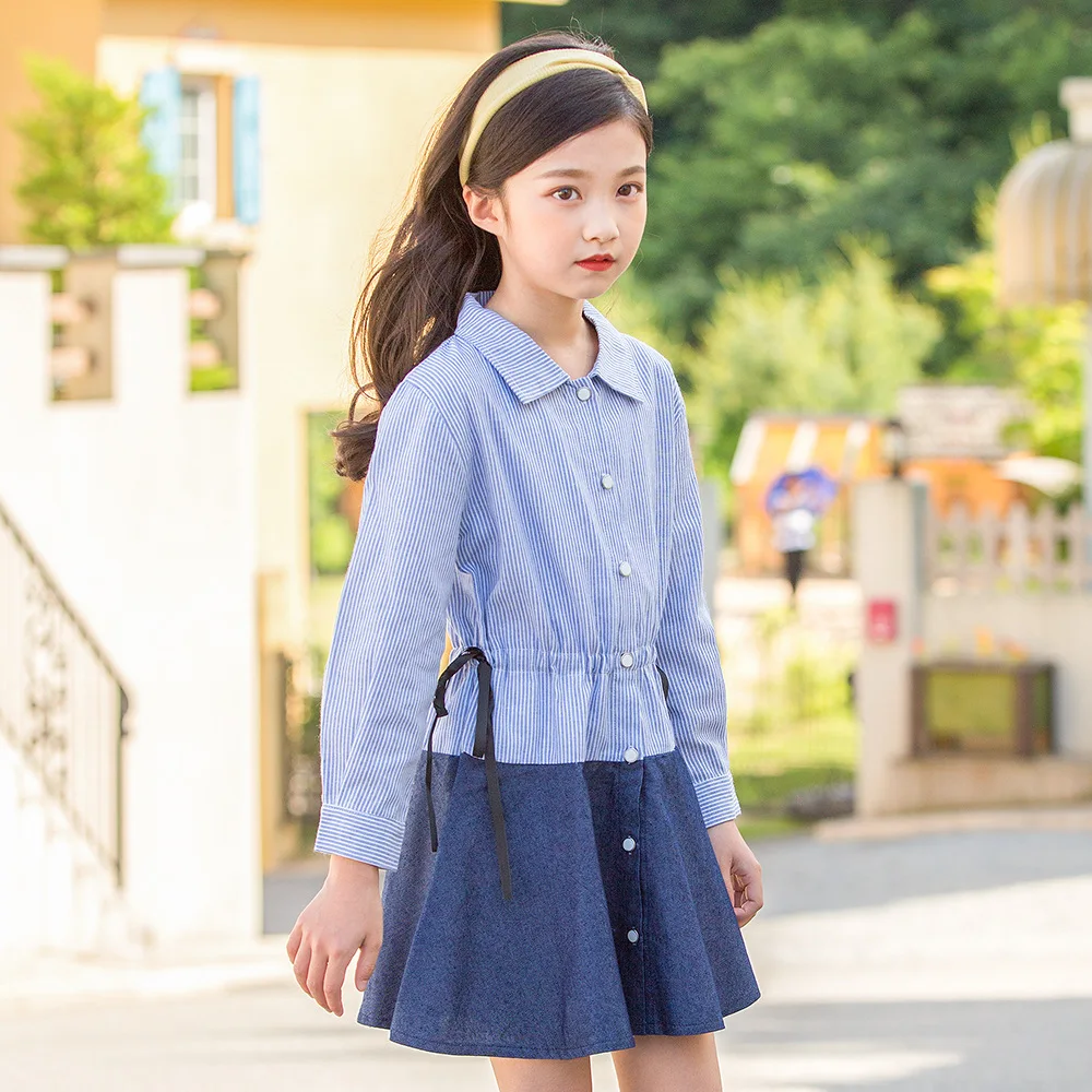 striped cotton shirt dresses age for 8 - 16 yrs teenage girl long sleeve dress 2018 school style autumn winter frocks girls | Детская
