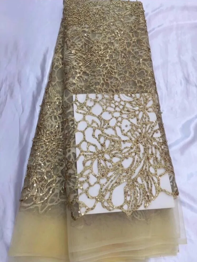 

New design gold color Fashion embroidered tulle wedding dress beaded lace fabric for