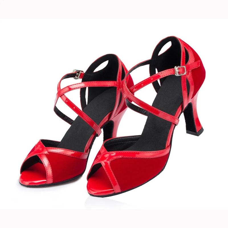 Женская танцевальная обувь для сальсы цвет красный черный атласная латинских
