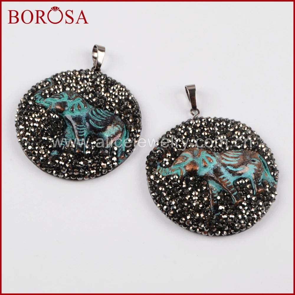 

BOROSA Rhinestone Pave Druzy Round Elephant Lucky Bronze Pendant, New Rhinestone Gems Stone Bead Drusy Pendant Jewelry JAB738