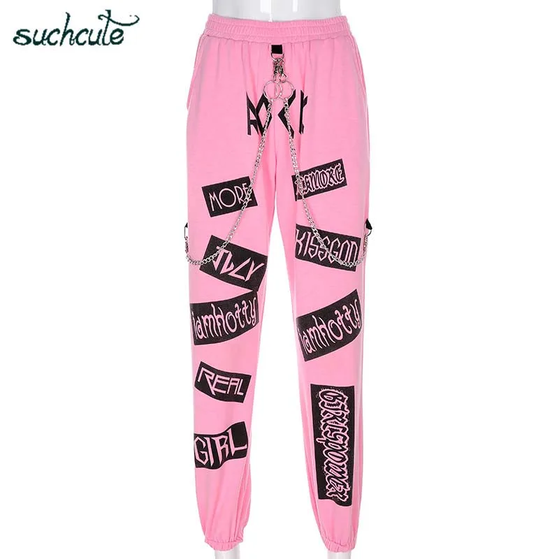pink pants SUCHCUTE женские брюки в клетку с принтом Спортивные готические женские джоггеры корейский стиль пантолон Harajuku больших размеров повседневные брюки - Цвет: pink pants