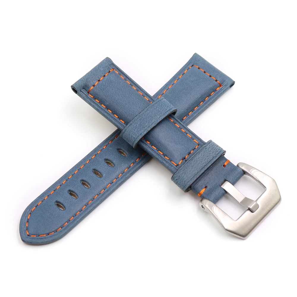 Rolamy 22 24mm Watch Band Strap With Silver Brushed Buckle Blue Real Leather Handmade Replacement Thick Vintage Wrist Watchband
