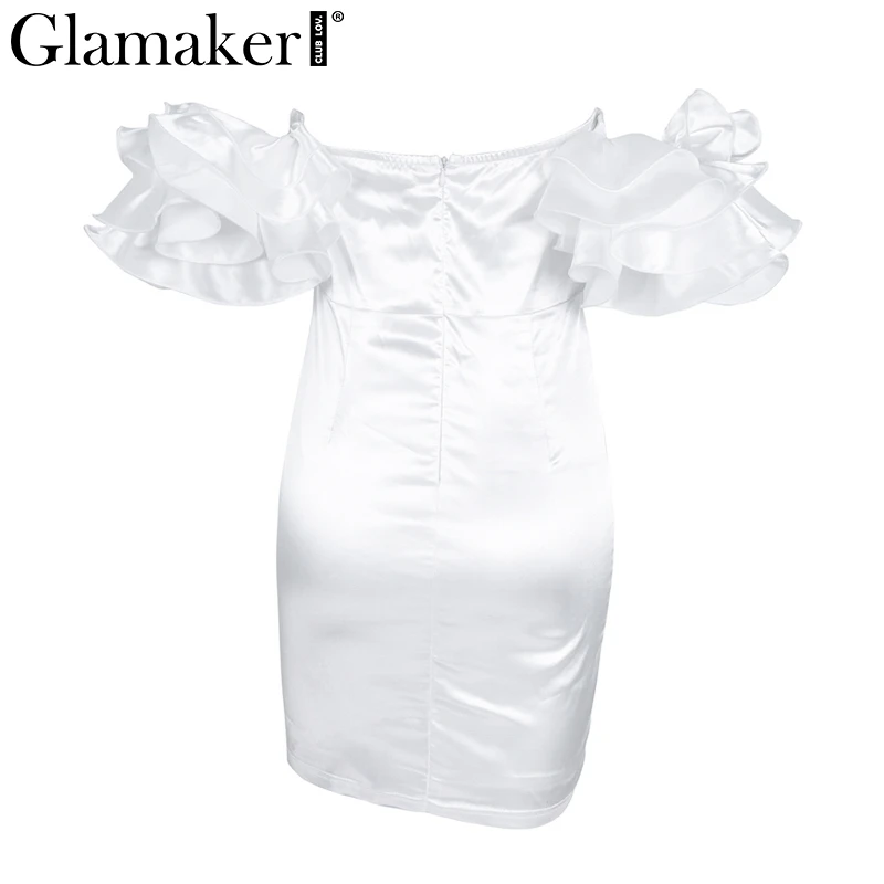 Женское платье с открытыми плечами Glamaker Белое Облегающее оборками элегантное