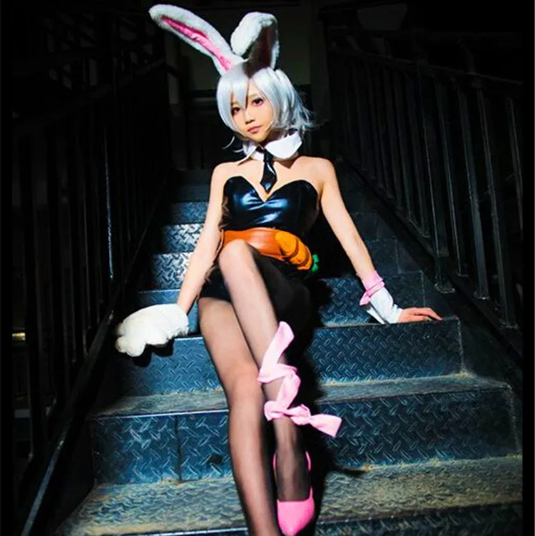 

Game LOL Cosplay Costume Riven Bunny Girl Black Sexy PU Jumpsuit With Tie Bodysuit Costumes Halloween Party For Woman