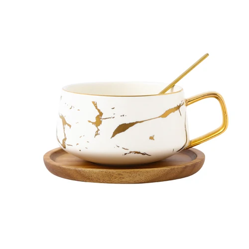 300ML 300/400 мл матовые керамические мраморные чашки для чая и кофе с деревянными блюдцами черно-белые золотые инкрустационные керамические чашки набор чашек для пар - Цвет: 300ML
