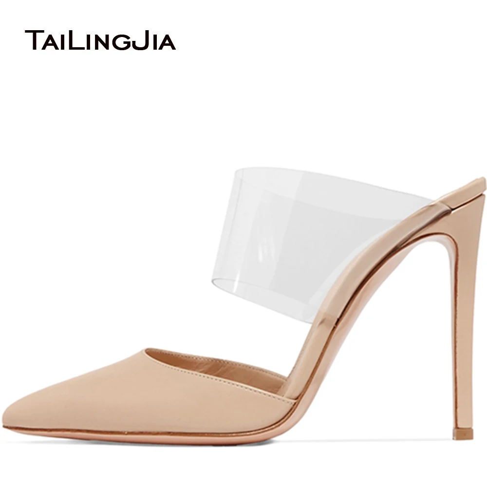 

Women Pointed Toe Slippers Fashion Thin High Heels Women Mules PVC Transparent Lady Shoes Apricot Plus Size Pumps Free Shipping