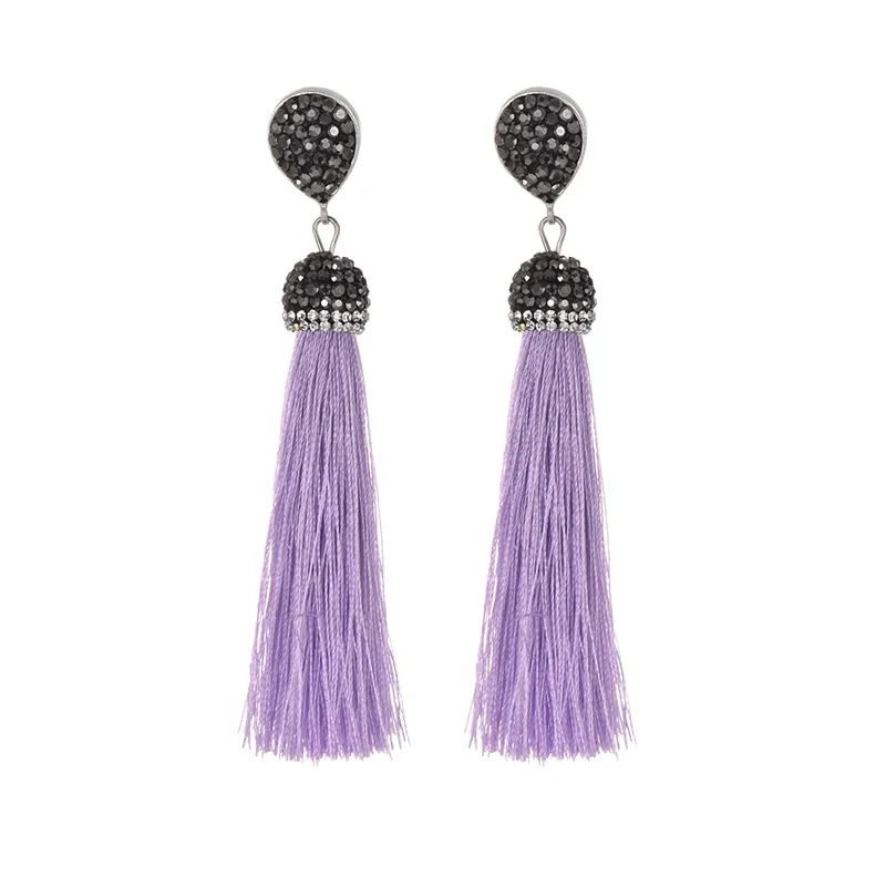 crystal purple 2 Ручная работа, 13 цветов, длинные серьги с кисточками в богемном стиле, винтажные черные, красные, розовые, белые, синие шелковые серьги-гвоздики с кристаллами для женщин, ювелирные изделия - Окраска металла: crystal purple 2