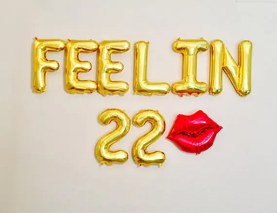

gold or silver Feelin 22 with red lip birthday letter balloons banners photo backdrops party decorations