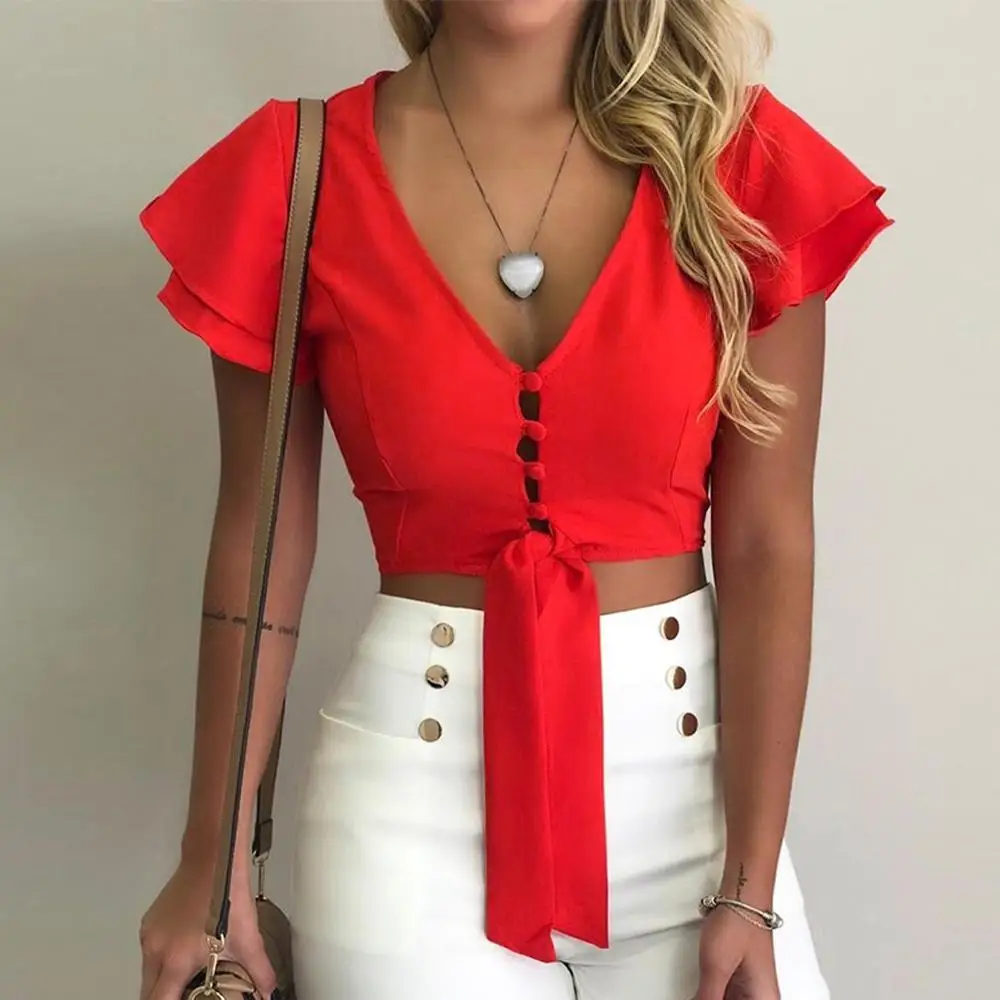 Женский топ с V-образным вырезом пикантная однотонная короткая майка до пупка