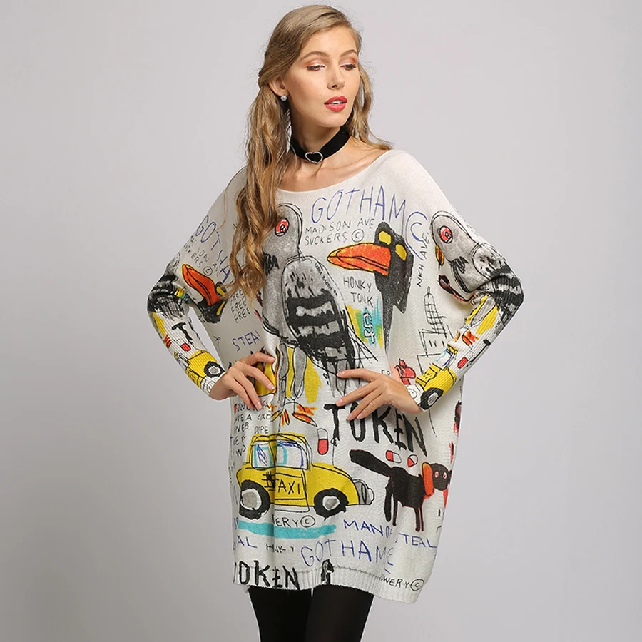 2019 Plus size Women Sweater Cartoon Printed Long Sleeve Tops O-Neck Lovely Pullovers Knitted Loose Sweaters Femel Knitwear | Женская