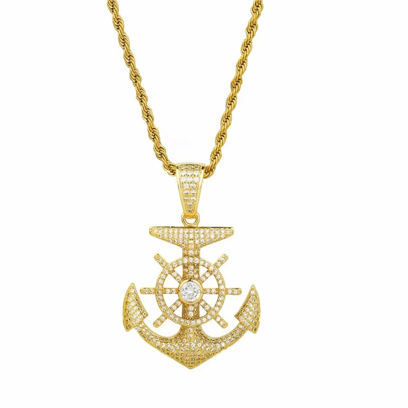 

Hip Hop Jewelry Anchor Iced Out Pendant Necklace With Gold Chain New Arrival AAA Cubic Zircon Mens Necklaces