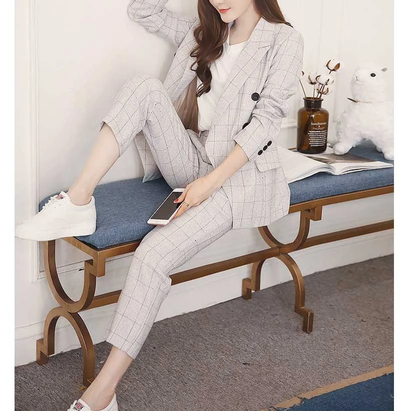 Light gray Ellacey, английский стиль, винтажный женский костюм, Повседневный, Ретро стиль, клетчатый брючный костюм, деловой Блейзер, комплект из 2 предметов, модный Рабочий брючный костюм - Цвет: Light gray