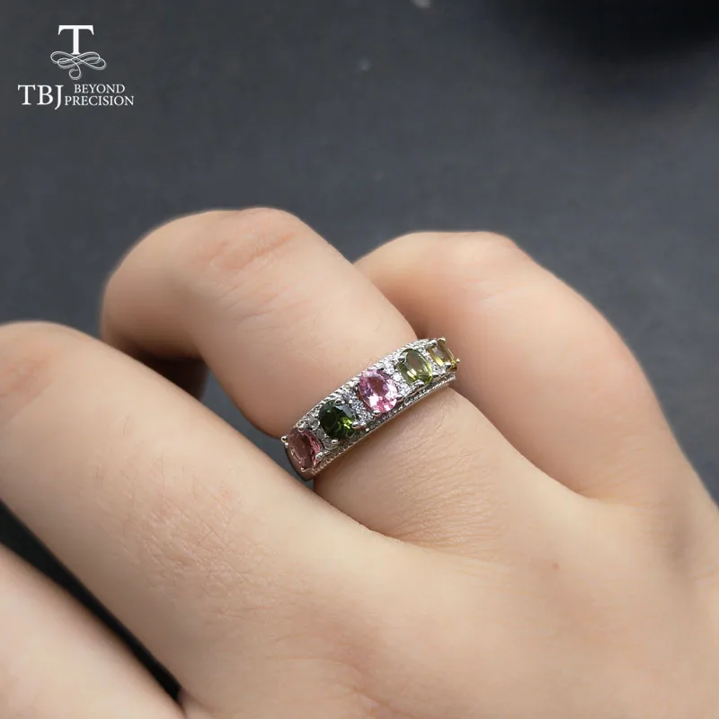 

TBJ,elegant classic gemstone Ring with 6pc natural fancy color tourmaline Rings 925 sterling silver for women with jewelry box