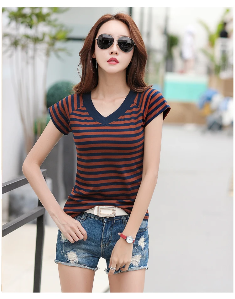 Camisas Mujer, полосатая футболка с v-образным вырезом, женская футболка с принтом, футболка, женские летние топы, тонкие повседневные футболки