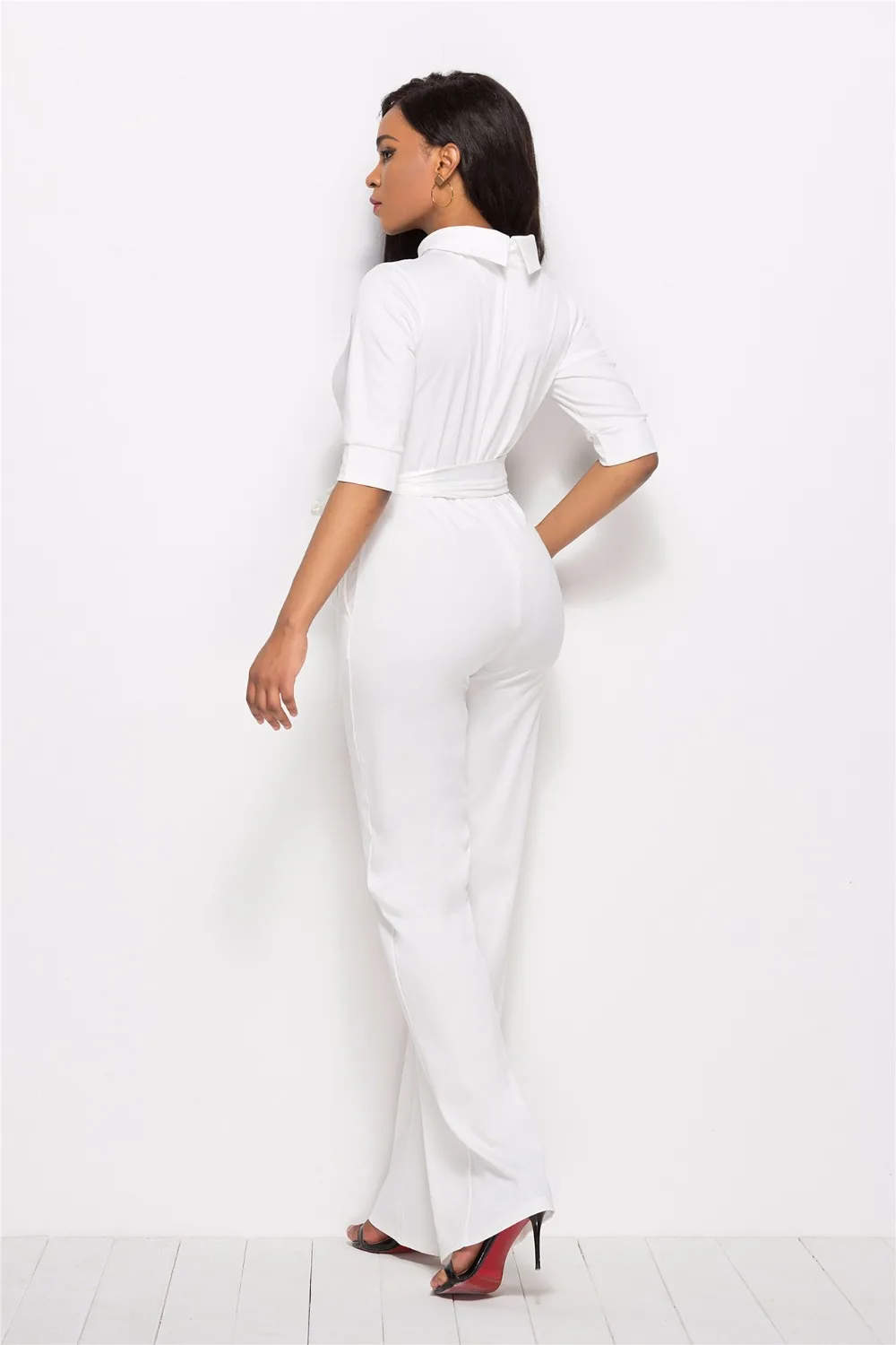 

Sexy Bodysuit Sashes Cotton Body Feminino Women Real 2020 New Style Womens Solid Color Five-point Sleeves Stand Collar Jumpsuit