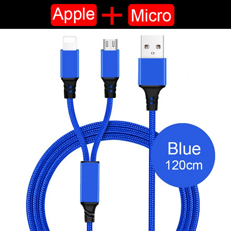 2in1 (1.2m)-Blue 3в1 2в1 микро usd/type C зарядное устройство зарядный кабель для iPhone XS max XR X 6 s 6S 7 8 Plus 5 5S SE Android телефон происхождения провода шнур - Цвет: 2in1 (1.2m)-Blue