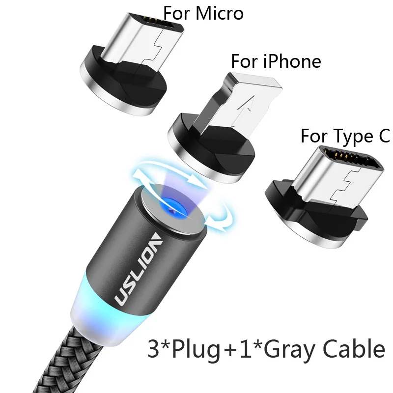 3 Plug 1 Gray Cable USLION 2 м Магнитный Micro USB кабель type C для iPhone XS Max X телефон зарядное устройство провод для samsung Xiaomi huawei P30 Pro Магнитный кабель - Цвет: 3 Plug 1 Gray Cable