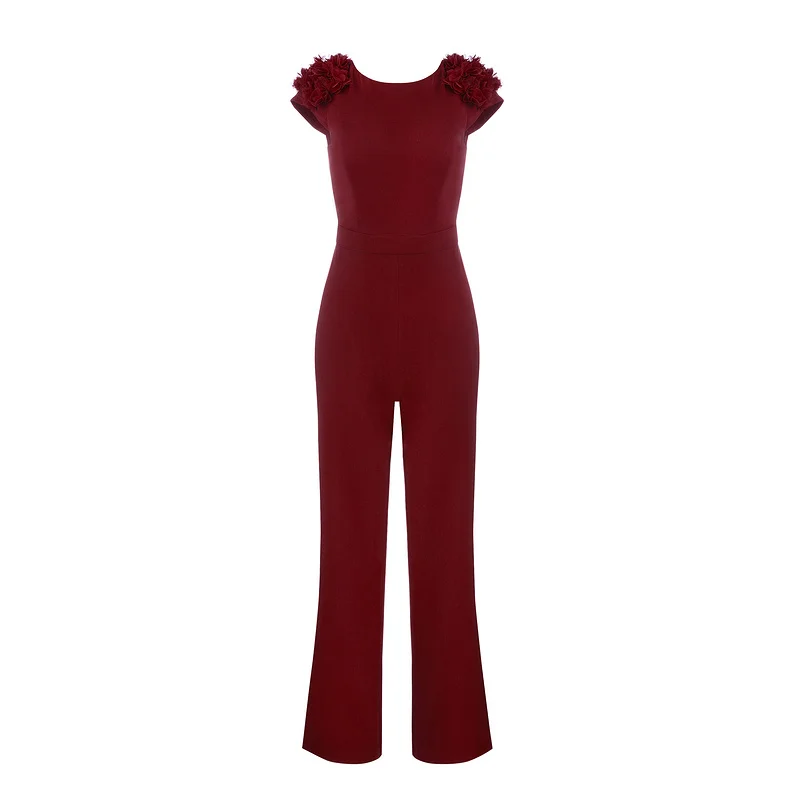 Высокое качество винно-красный комбинезон прямого силуэта с аппликацией на
