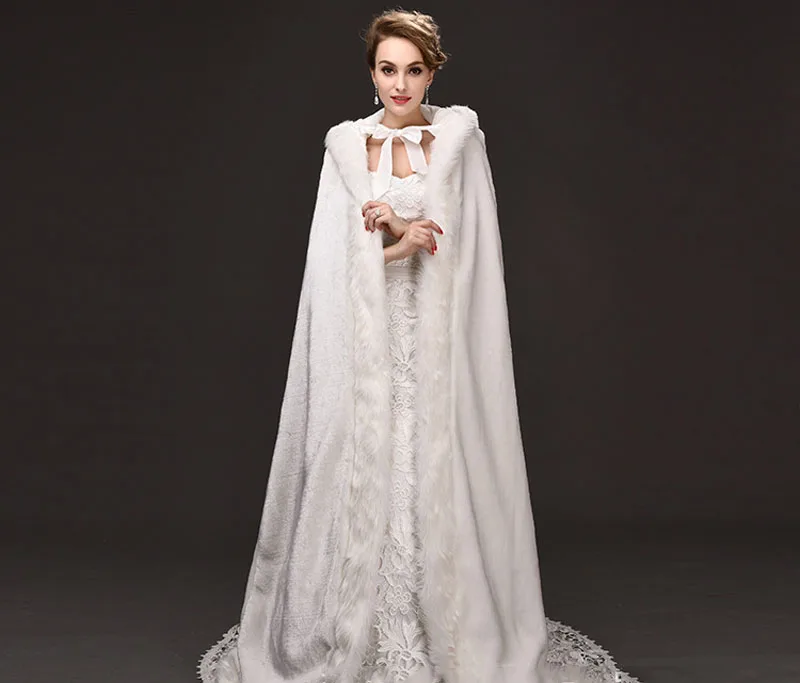 Top Quality Winter Wedding Long Cloak Fur Hooded Capes With Faux Fur Edge Hooded Bridal Wedding Cloak White Bride Poncho Wraps