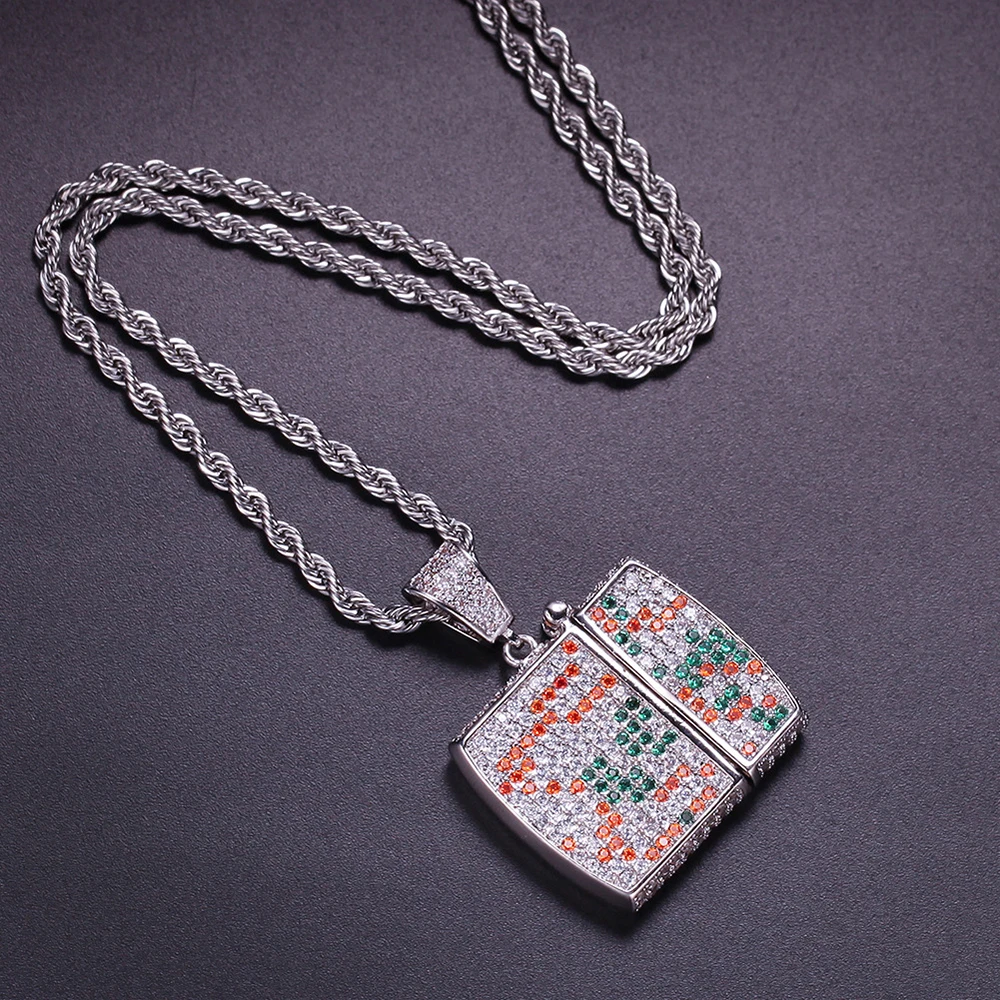 

Hip Hop Jewelry Lighter Necklace Personality Pendant Colorful AAA Cubic Zircon Copper Necklace Iced Out Chain Mens Gift