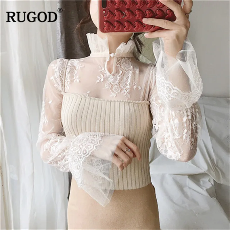 Новый вязаный свитер RUGOD с кружевными плечами воротником стойкой и длинным