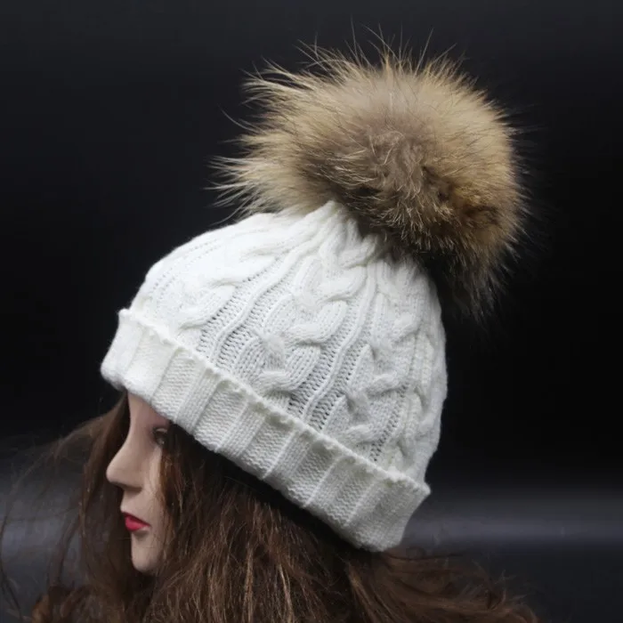 Женская шапка Skullies Beanies Зимние шапки для женщин 18 см большой натуральный мех помпон шапка женская твист вязаные шапки
