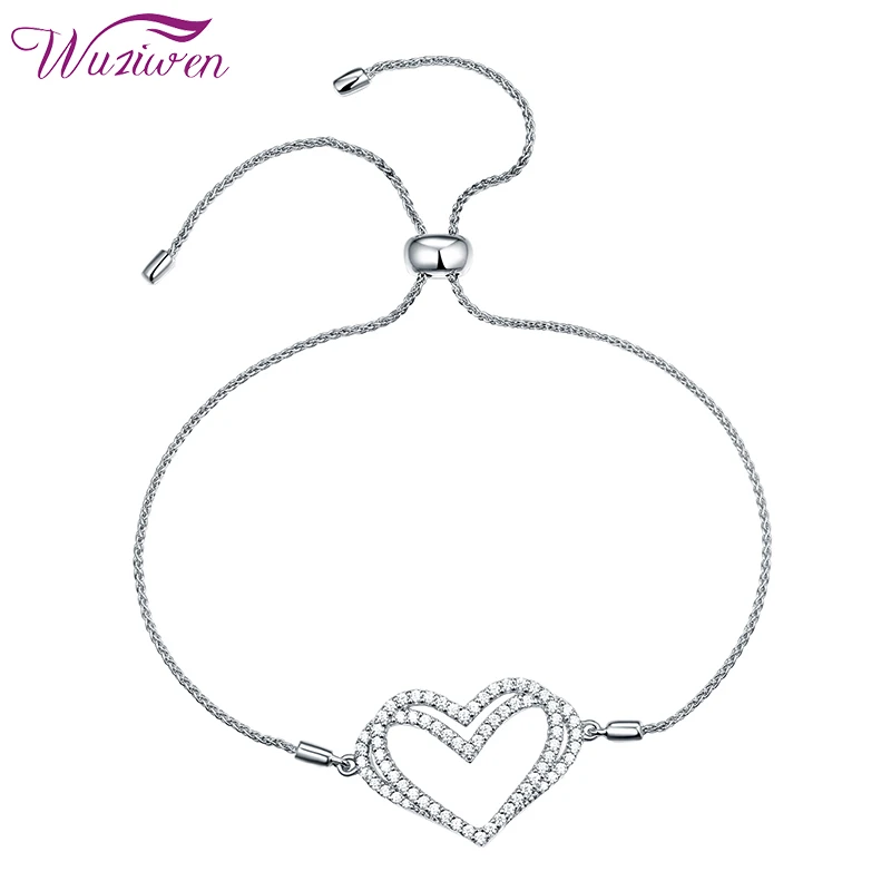

Wuziwen Adjustable Charm Bracelet For Women 925 Sterling Silver Double Heart Shape White AAAAA Cubic Zircon Jewelry Gift