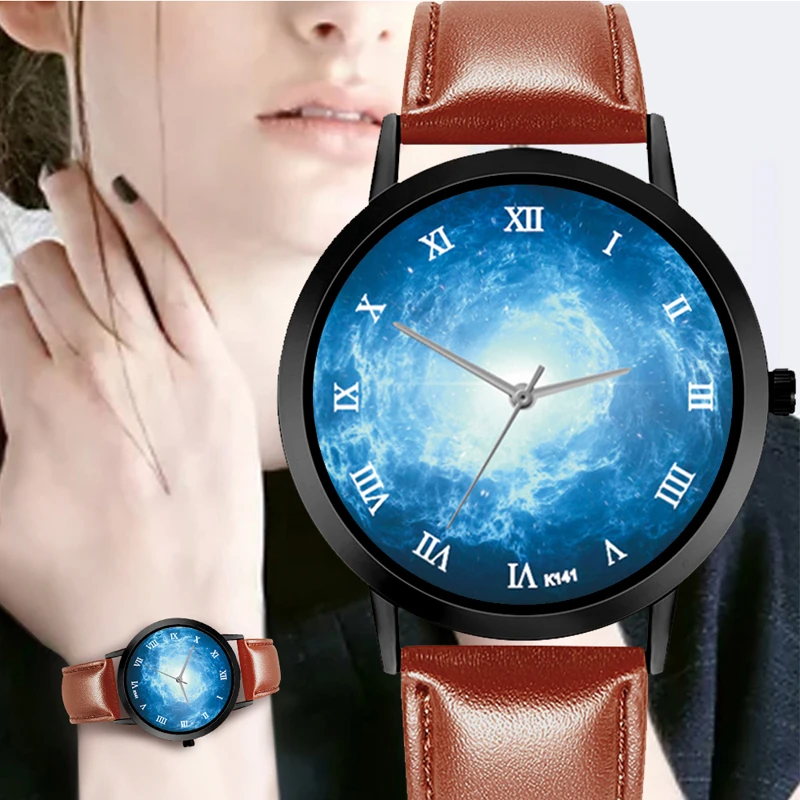 Повседневные кварцевые часы с атмосферным пространством легкие кожаным