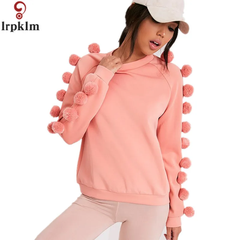 2017 Модные женские повседневные свободные S-XL с длинным рукавом и помпоном розовые