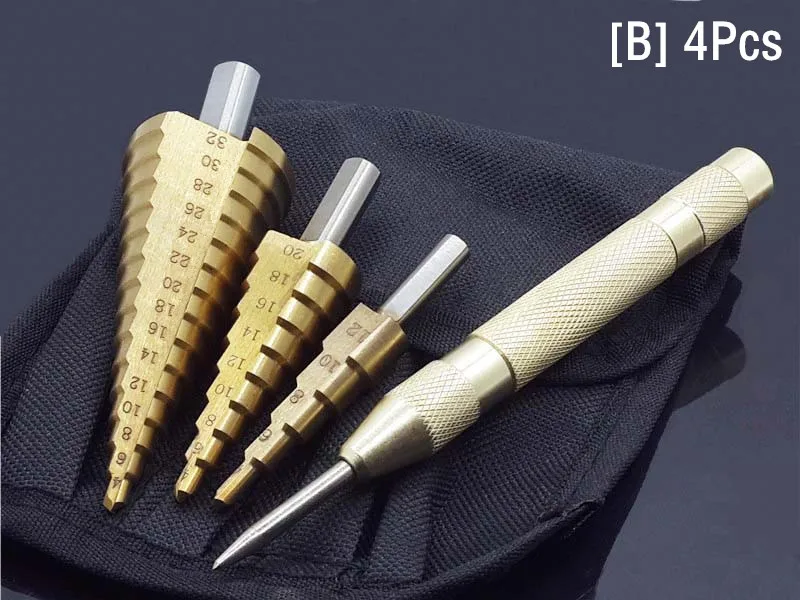 B 4Pcs HSS Сталь Титан шаг сверла по металлу, комплект на возраст от 4 до 12 лет/20/32 мм металлический дыропробивной пресс древесины конус Core сверлильная пила Инструмент+ Кернер - Цвет: B 4Pcs