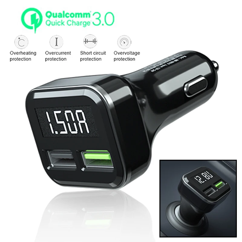 Автомобильное зарядное устройство QC3.0 3.1A с двумя usb портами 2 порта ЖК дисплей 12 24