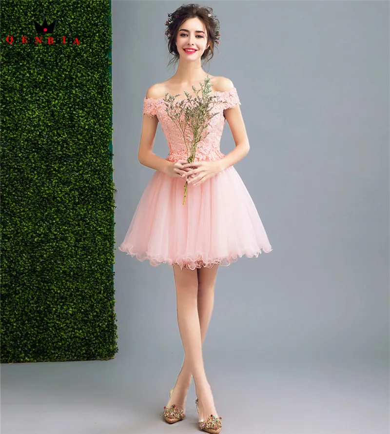 QUEEN BRIDAL Evening Dresses Short Pink Tulle Lace Elegant Women Prom Party Dress Gown 2020 NEW Vestido De Festa JW33 | Свадьбы и
